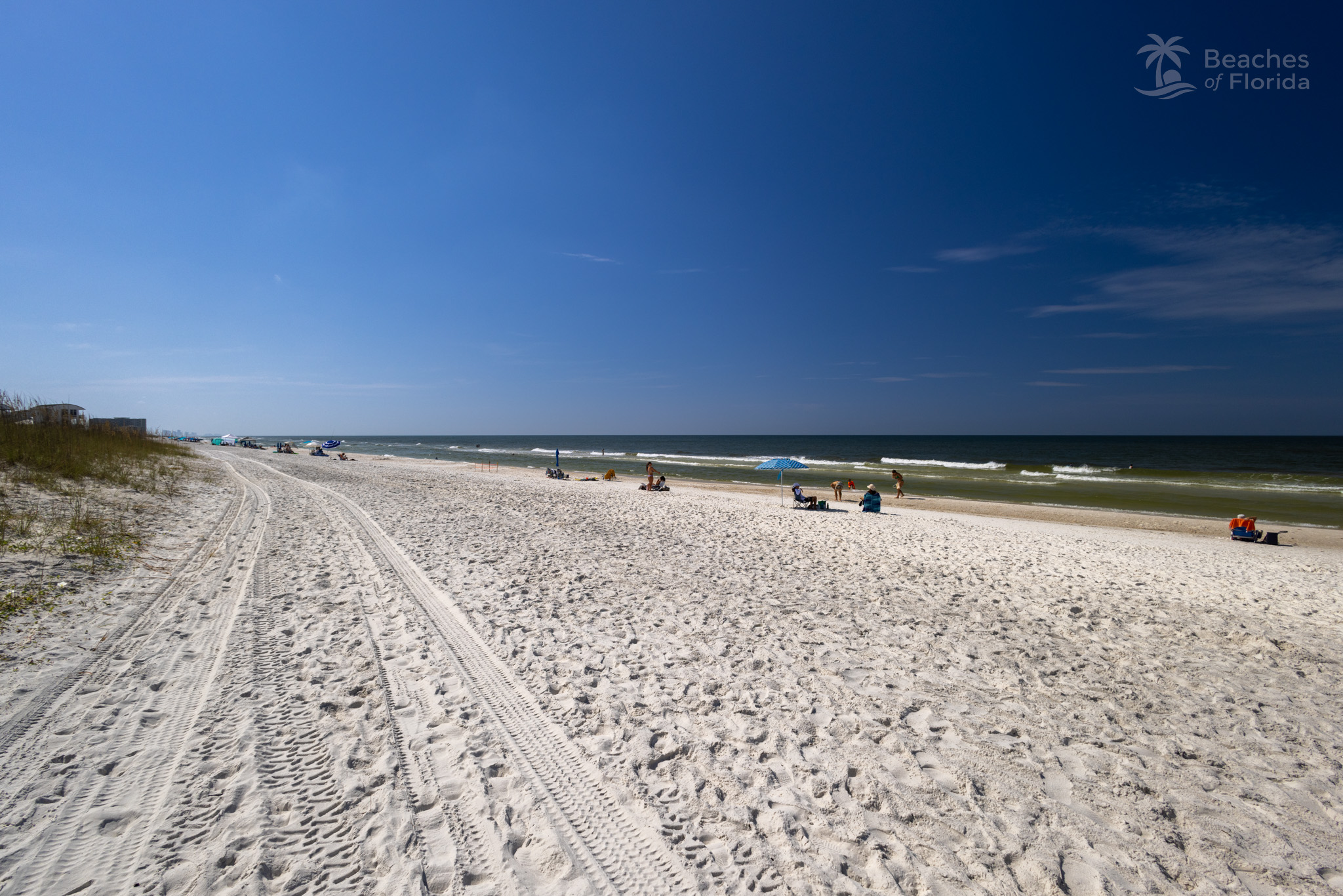 Looking down the shoreline at Inlet Beach with beachgoers spread out