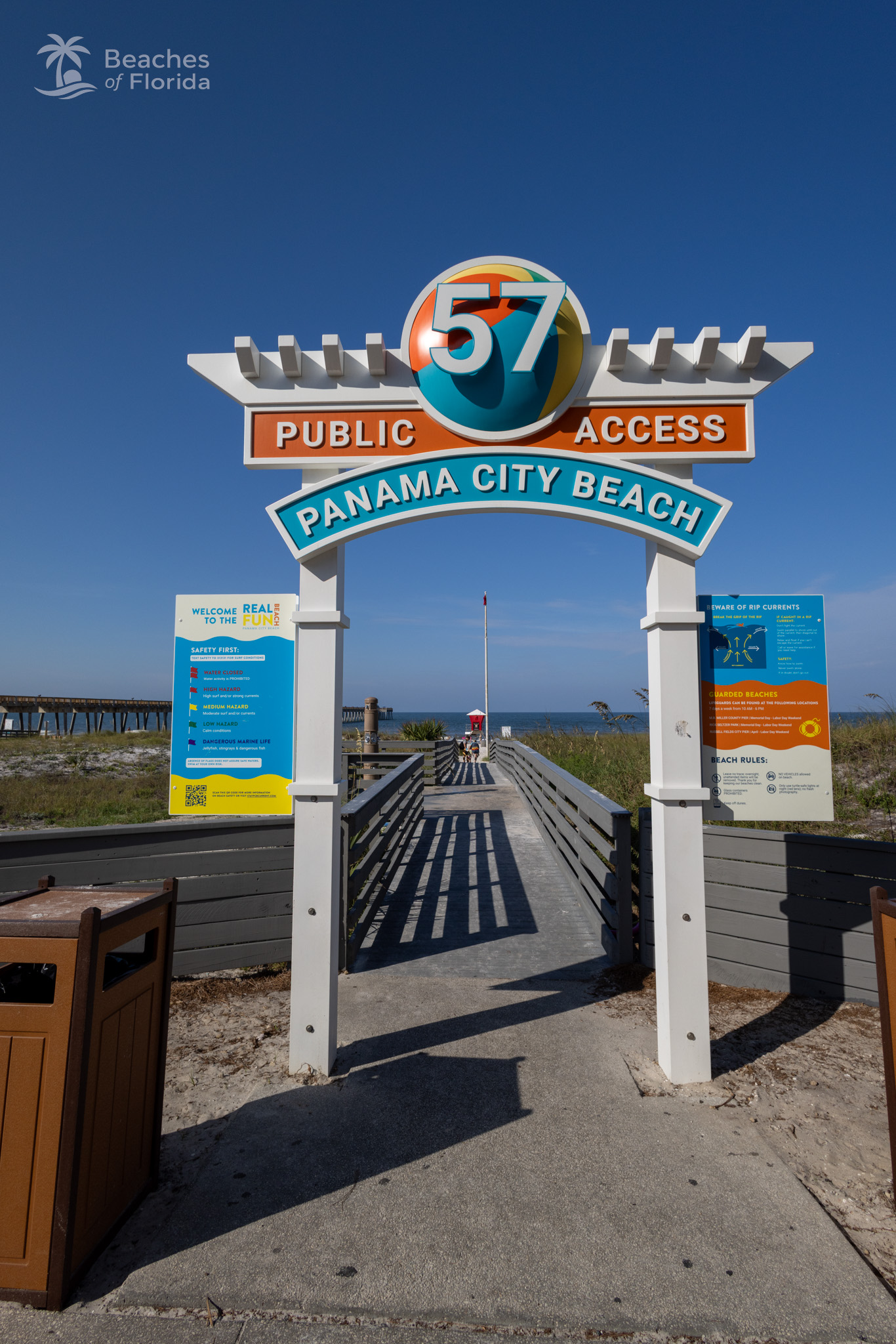Public access 57 entrance sign and boardwalk at Panama City Beach