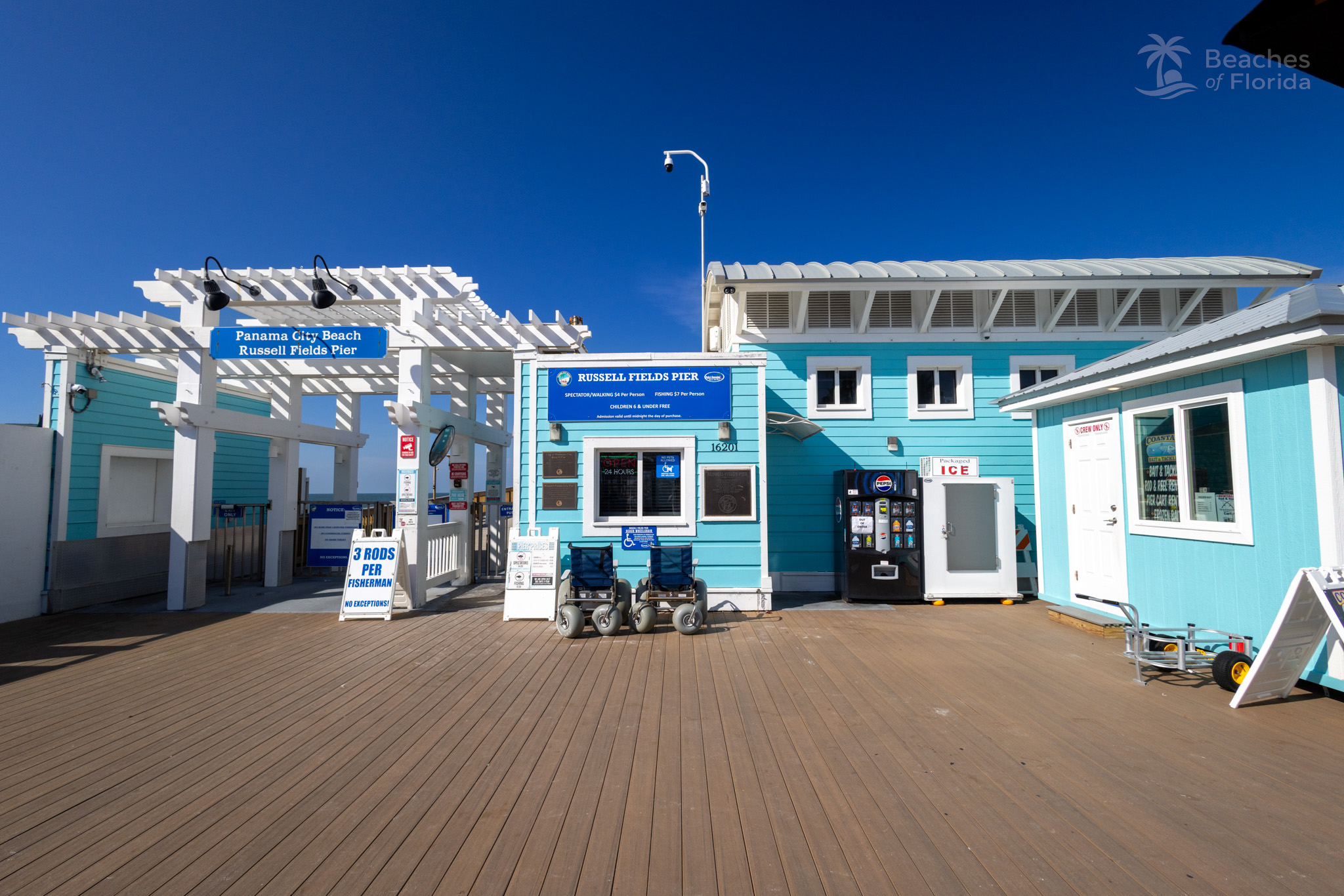 Russell Fields Pier entrance and bait shop at Panama City Beach